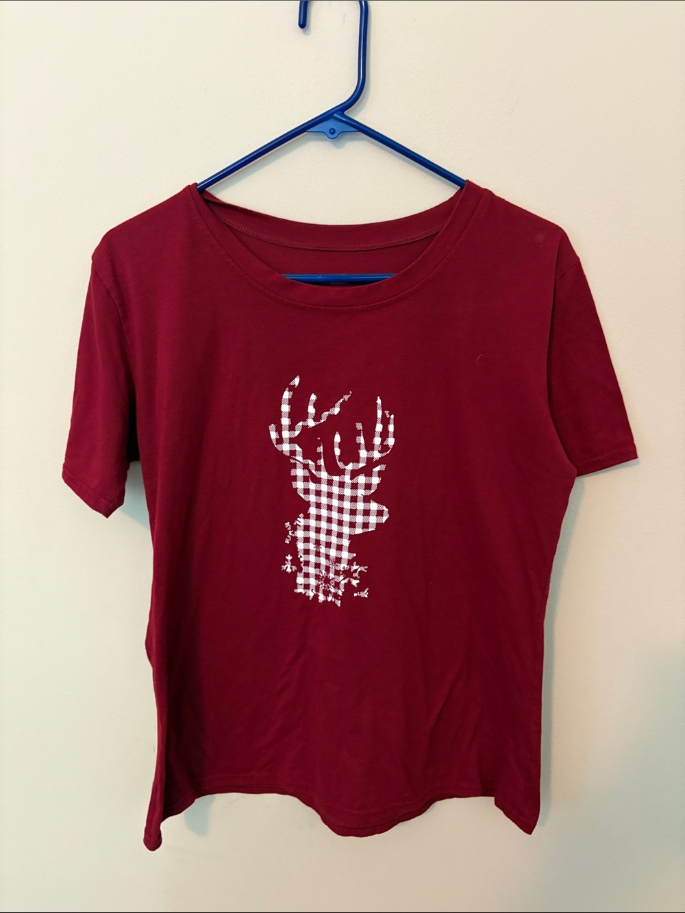 Burgundy Tee with White Gingham Deer Graphic